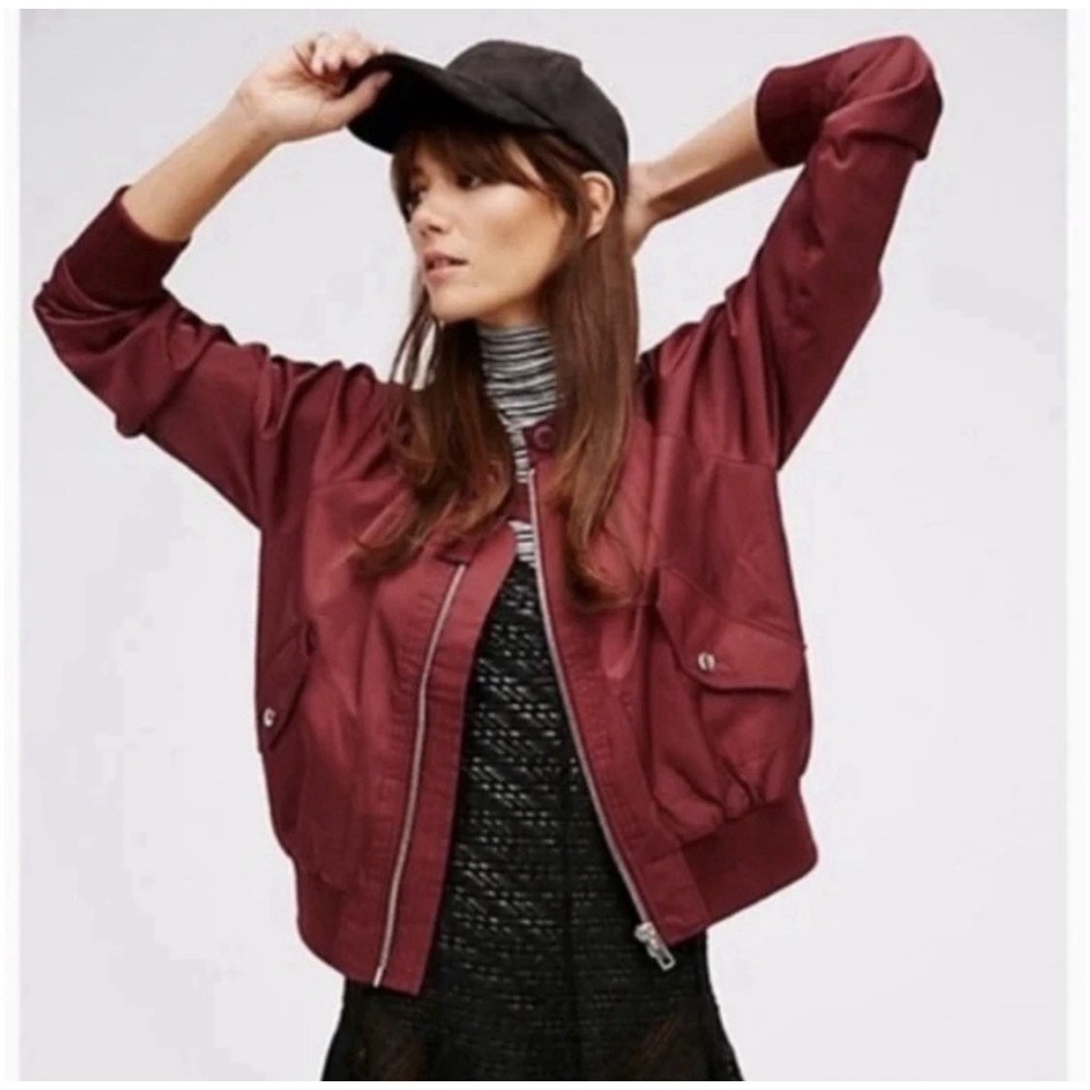 Free People Size Medium Midnight Bomber jacket Wine Red Satin Members Only Style - Picture 1 of 10